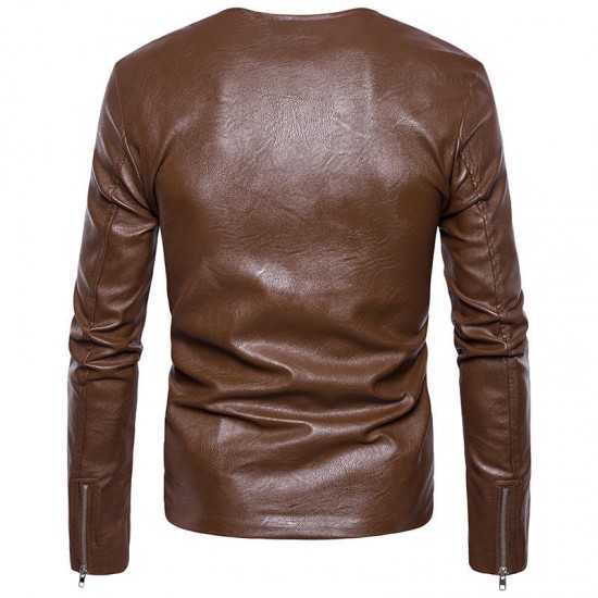 Diagonal Double Zipper O Neck PU Faux Leather Jacket for Men