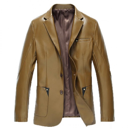 Fashion Casual Blazers Pure Color Chest Pocket Faux Leather Jacket for Men