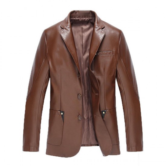 Fashion Casual Blazers Pure Color Chest Pocket Faux Leather Jacket for Men
