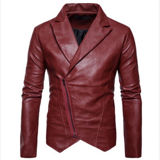 Fashion Personality Lapel Oblique Zipper Irregular Hem Slim PU Faux Leather Jacket for Men