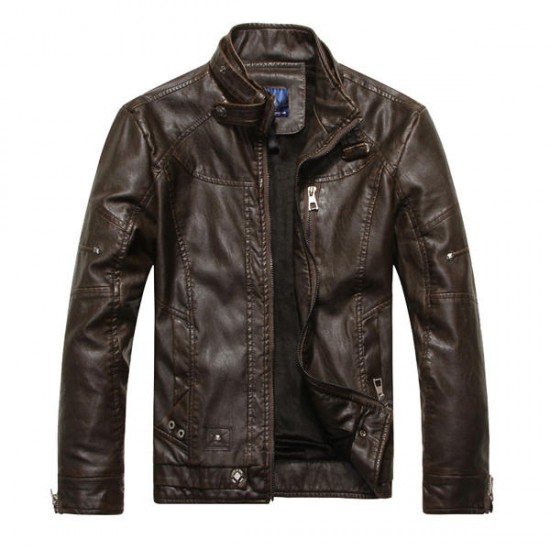 Faux Leather Thick Stand Collar PU Biker Motorcycle Jackets for Men