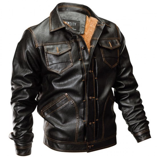 Fleece Warm Thick Winter Faux Leather Jacket Multi Pockets PU Motorcycle Jackets for Men