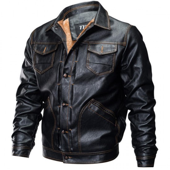 Fleece Warm Thick Winter Faux Leather Jacket Multi Pockets PU Motorcycle Jackets for Men