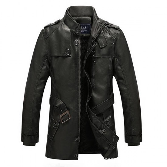Men Winter Windproof Waterproof Thick Warm Velvet Plus PU Leather Jackets Outdoor Long Parka Coats