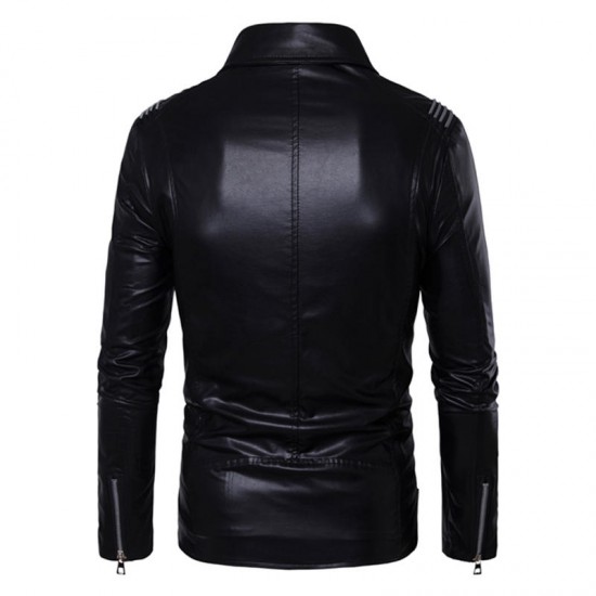 Men Zipper Buckle Turn-down Collar Leather Jacket