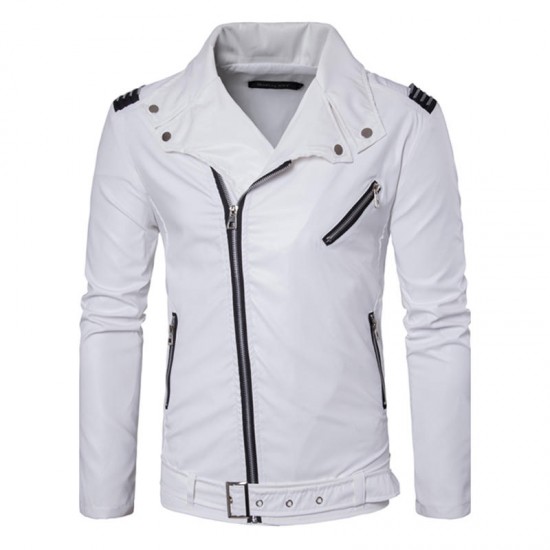 Men Zipper Buckle Turn-down Collar Leather Jacket