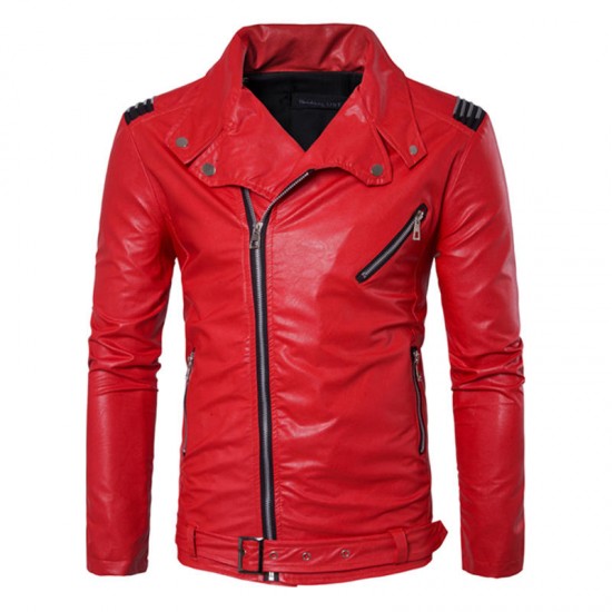 Men Zipper Buckle Turn-down Collar Leather Jacket