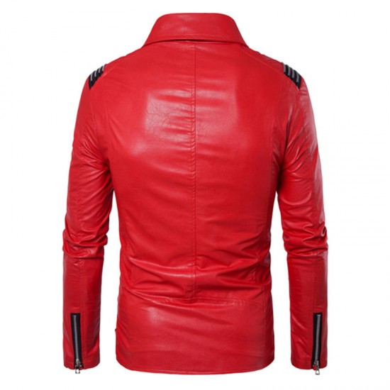 Men Zipper Buckle Turn-down Collar Leather Jacket