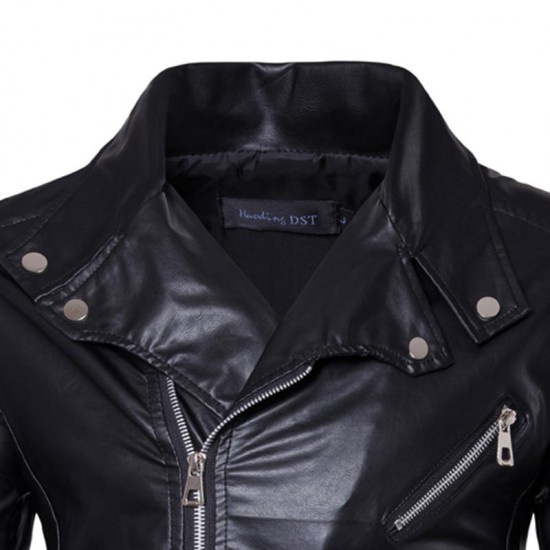 Men Zipper Buckle Turn-down Collar Leather Jacket