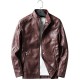 Men Zipper Dual Pockets Stand Collar Leather Jacket