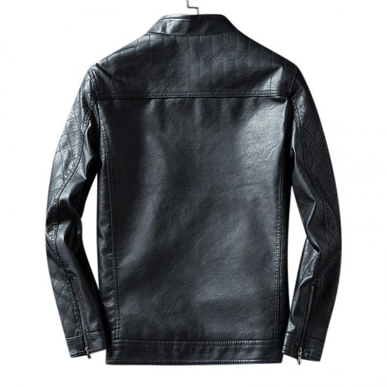Men Zipper Dual Pockets Stand Collar Leather Jacket
