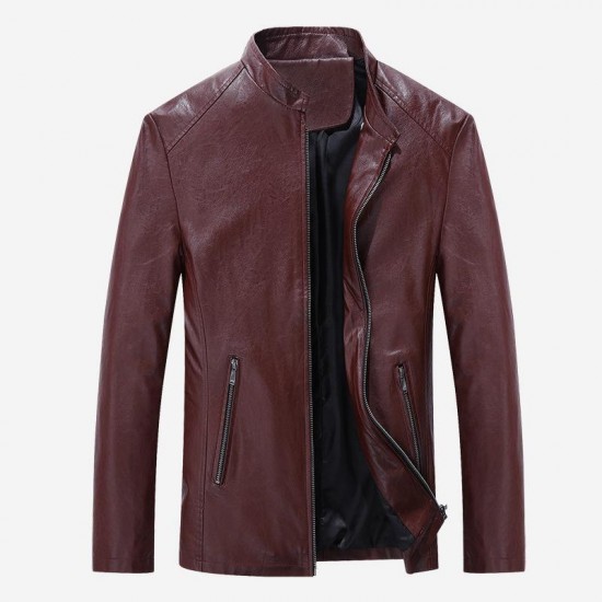 Men Zipper Stand Collar Leather Jacket
