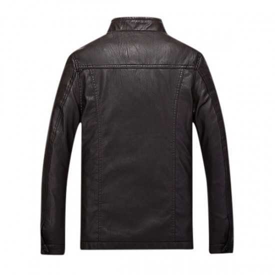 Mens PU Leather Casual Thick Velvet Motorcycle Jacket Fashion Black Zipper Coat