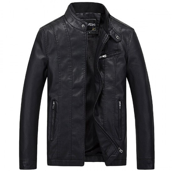 Mens PU Leather Casual Thick Velvet Motorcycle Jacket Fashion Black Zipper Coat