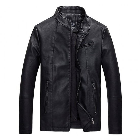 Mens Winter Casual Solid Color Stand Collar Black Biker Faux Leather Jacket