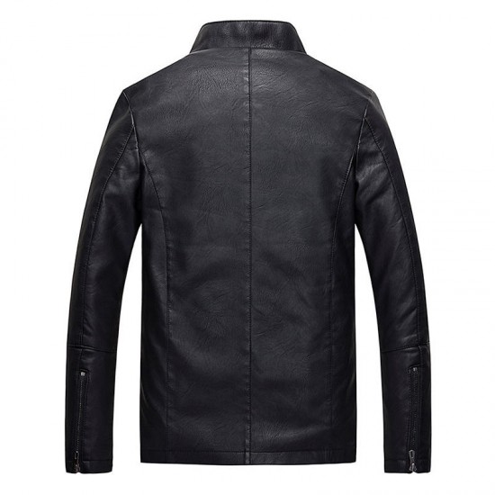 Mens Winter Casual Solid Color Stand Collar Black Biker Faux Leather Jacket