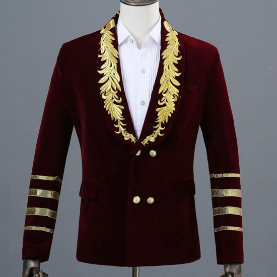 Men Single Button Gold Embroidery Gentleman England Style Casual Slim Fit Suits Blazers