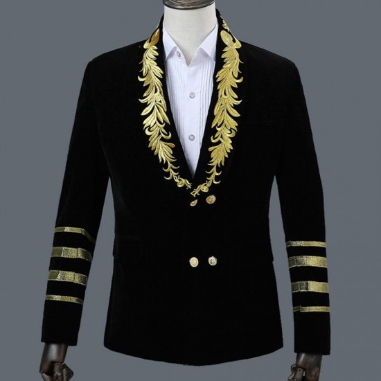 Men Single Button Gold Embroidery Gentleman England Style Casual Slim Fit Suits Blazers