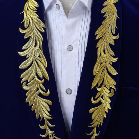 Men Single Button Gold Embroidery Gentleman England Style Casual Slim Fit Suits Blazers