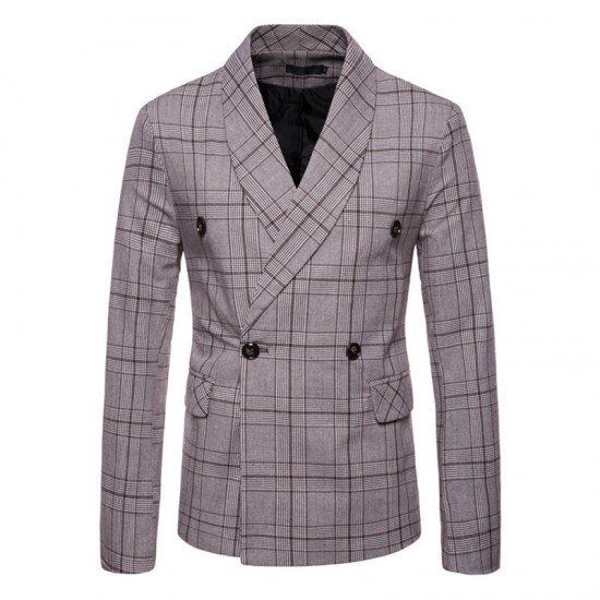 Mens Elegant Slim Fit Plaid Printed Casual Business Blazers Turn-down Suits