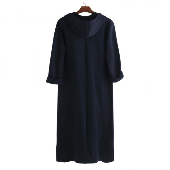 TWO-SIDED Mens Thick Warm Loose Half-open Solid Color Hooded Kaftan Long Shirts