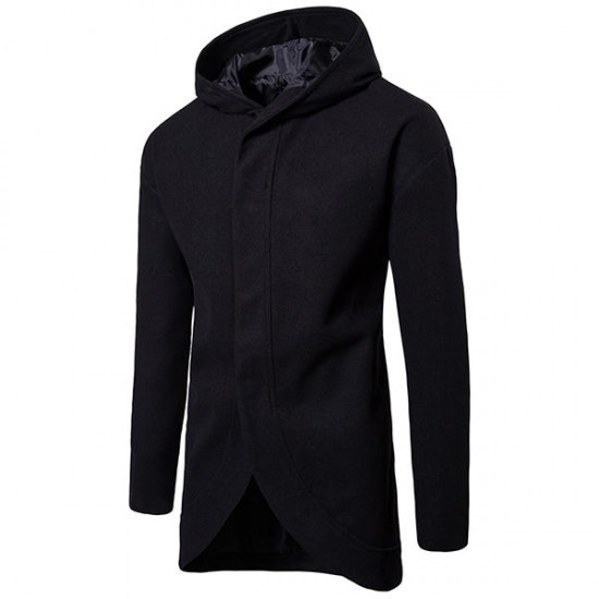 Autumn Winter Business Leisure Long Hooded Jacket Men's Casual Solid Color Wool Trench Coat