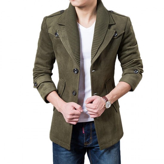 Autumn Winter Classic Lapel Coat Mens Single Breasted Casual Woolen Long Trench Coat