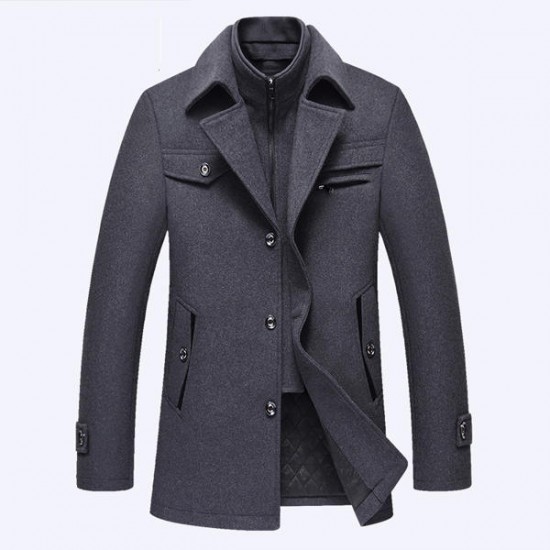 Autumn Winter Fashion Business Double Collar Casual Jacket Men's Wool Warm Jacket Long Trench Coat