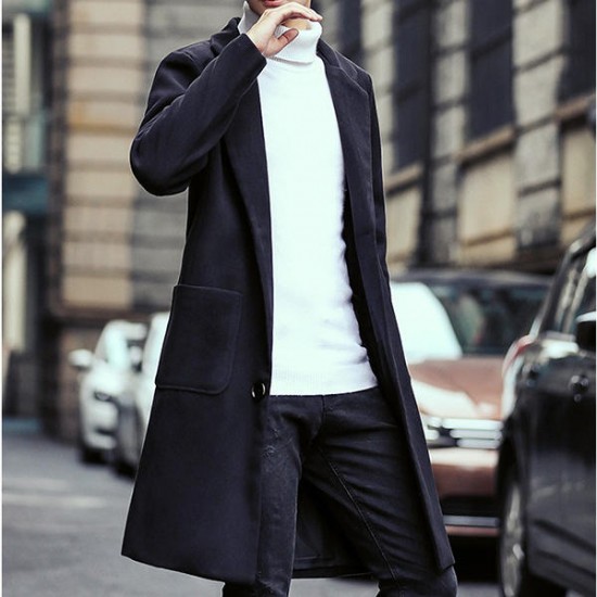 Autumn Winter Fashion Men's Warm Thick Long Windbreaker Casual Solid Color Slim Woolen Jacket Coat