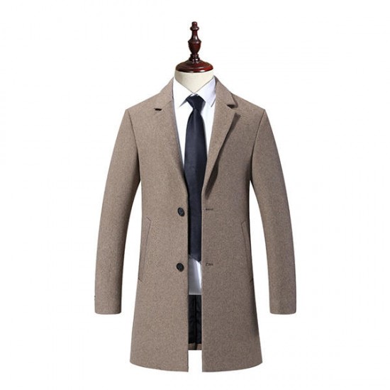 Man's Casual Business Fashion Warm Wool Trench Coat Medium Long Style Turn Down Collar Jacket