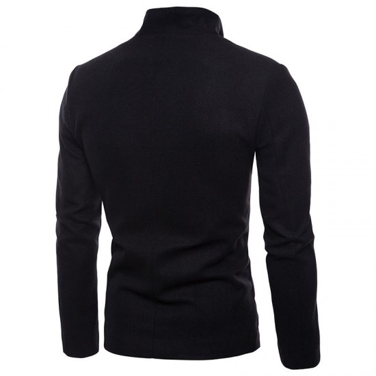 Men Fashion Diagonal Zipper Split Hem Stand Collar Solid Color Jacket