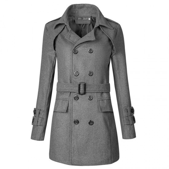 Mens Double Breasted Waistband Slim Mid Long Woolen Trench Coat