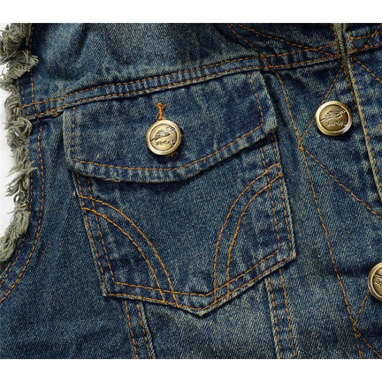 Denim Blue Slim Fit Plus Size Holes Ripped Stone Washed Chest Pockets Vest for Men