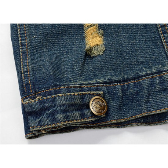 Denim Blue Slim Fit Plus Size Holes Ripped Stone Washed Chest Pockets Vest for Men