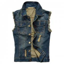 Denim Blue Slim Fit Plus Size Holes Ripped Stone Washed Chest Pockets Vest for Men