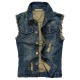 Denim Blue Slim Fit Plus Size Holes Ripped Stone Washed Chest Pockets Vest for Men