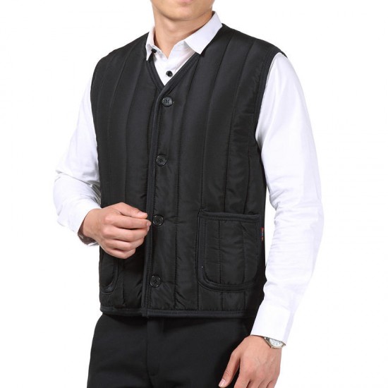 Mens Autumn Winter Fleece Thick Warm Black Solid Color V Neck Vest