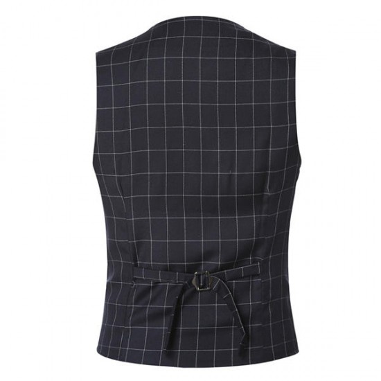 Mens Casual Plaid Vest Gentleman Business V-neck Collar Slim Fit Suit Waistcoat