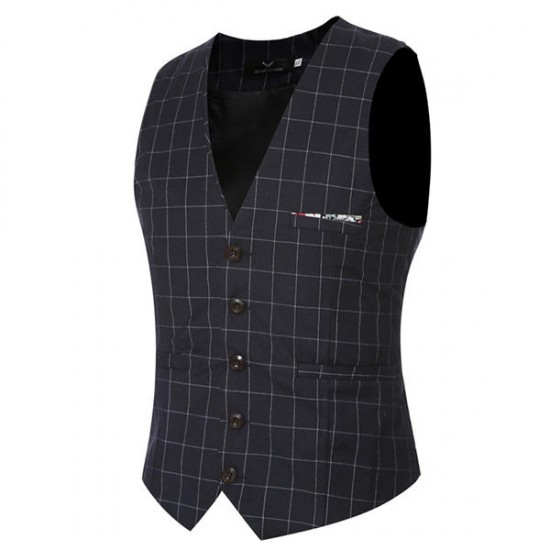 Mens Casual Plaid Vest Gentleman Business V-neck Collar Slim Fit Suit Waistcoat