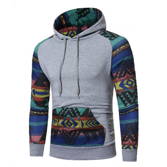Autumn Folk Style Stylish Stitching Printed Raglan Hoodies Men's Casual Sports hooded Sweater