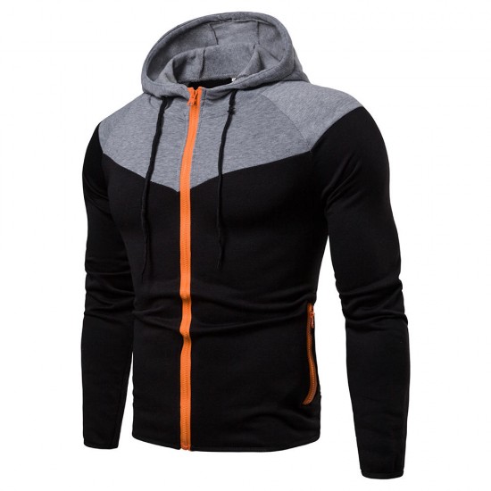 Men's Fashion Zipper Fly Color Block Drawstring Hooded Long Sleeve Casual Sweatshirt