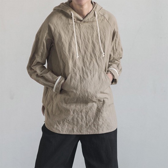 Men's Vintage Cotton Linen Hooded Solid Color Drawstring Long Sleeve Casual Sweatshirt