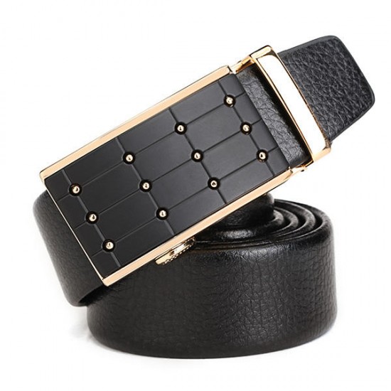 120CM Men First Floor Cowhide Grid Frosted Gold Alloy Adjustable Automatic Buckle Belt