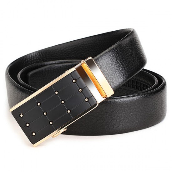 120CM Men First Floor Cowhide Grid Frosted Gold Alloy Adjustable Automatic Buckle Belt