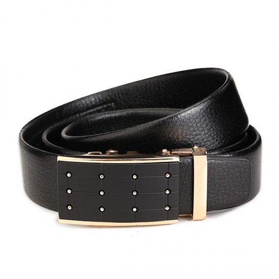 120CM Men First Floor Cowhide Grid Frosted Gold Alloy Adjustable Automatic Buckle Belt