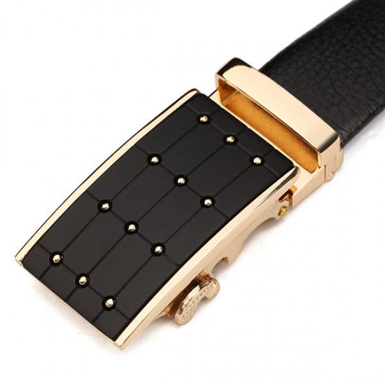 120CM Men First Floor Cowhide Grid Frosted Gold Alloy Adjustable Automatic Buckle Belt
