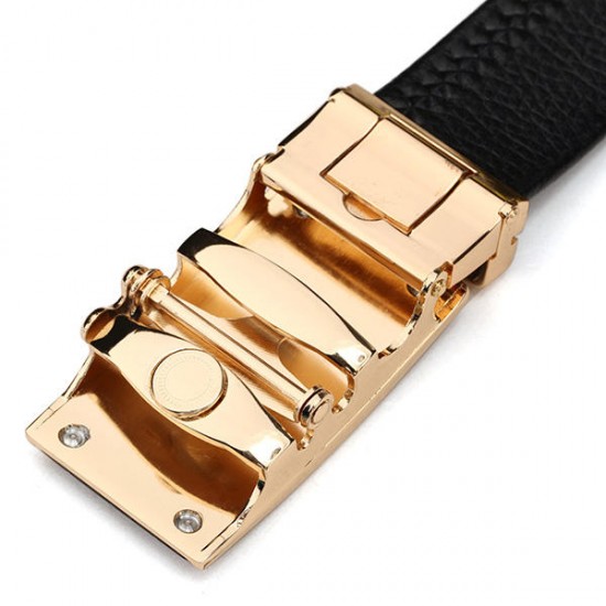 120CM Men First Floor Cowhide Grid Frosted Gold Alloy Adjustable Automatic Buckle Belt