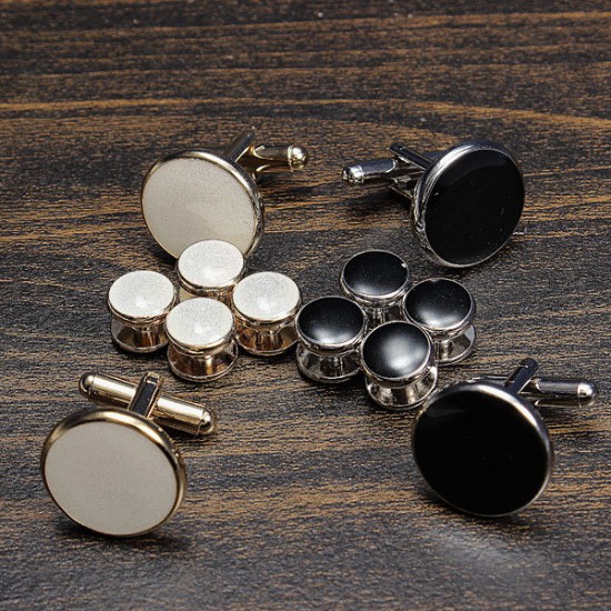 Cufflinks Shirt Studs Set Men Elegant Black White Tuxedo Formal Suit