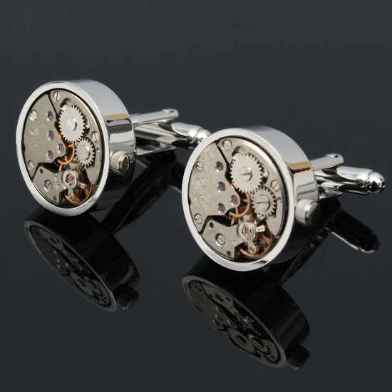 Men Male Silver Mechanical Watch Pattern Cuff Links Wedding Gift Suit Shirt Accessories