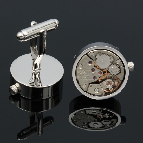 Men Male Silver Mechanical Watch Pattern Cuff Links Wedding Gift Suit Shirt Accessories